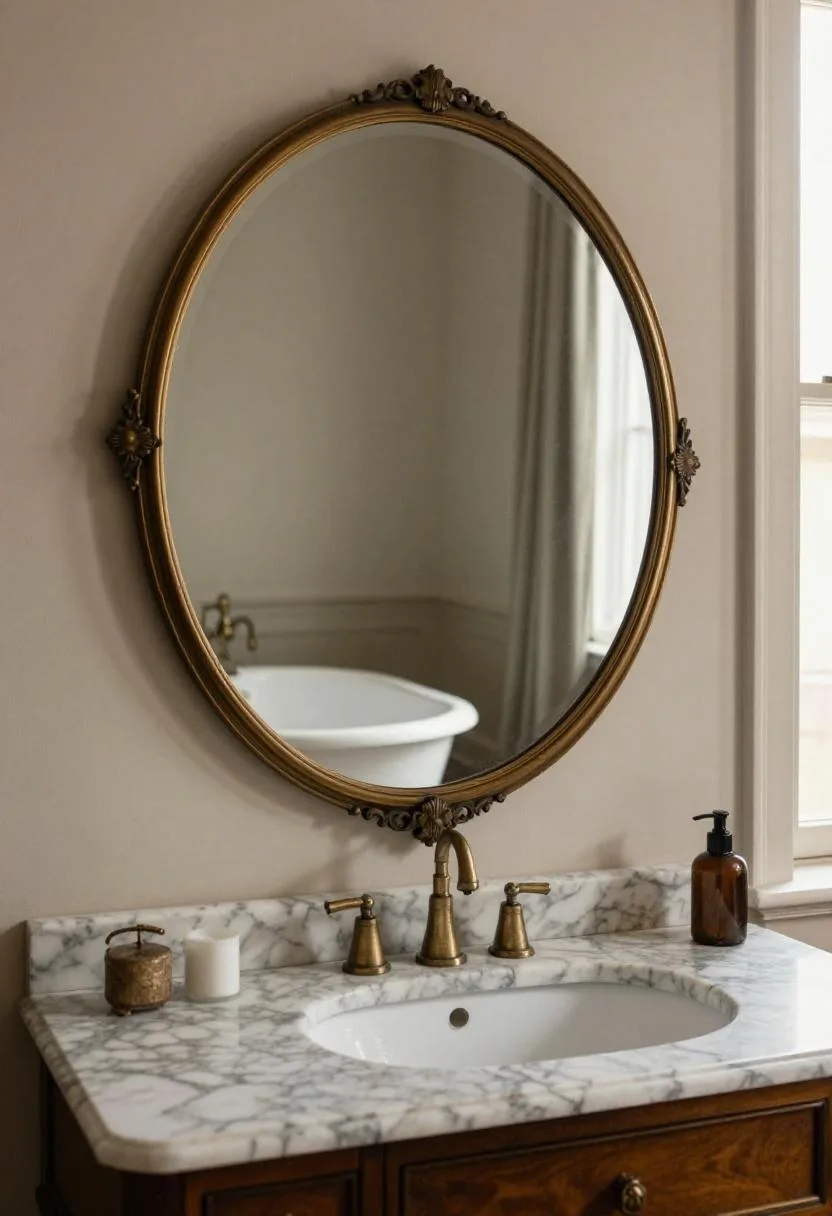 Antique brass mirror mounted above a marble vanity, reflecting the clawfoot tub in warm morning backlight