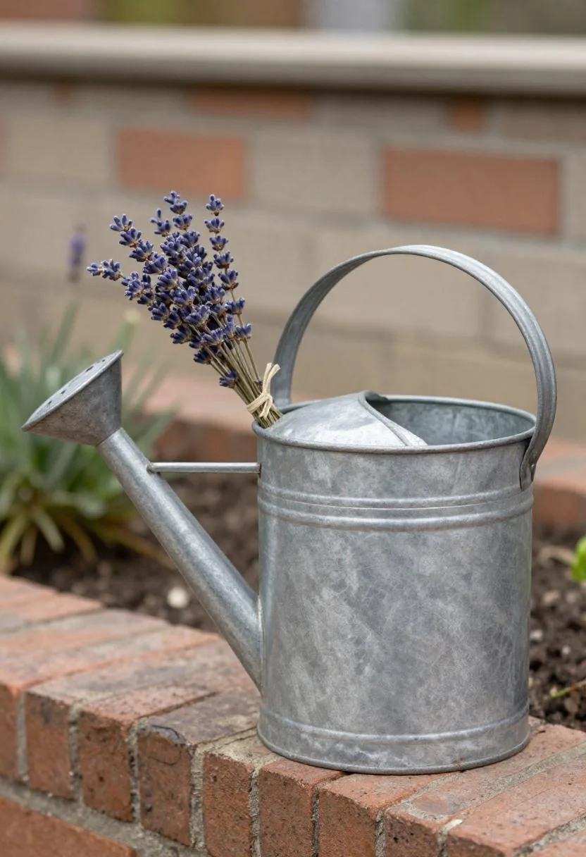 Antique galvanized watering can with dried lavender beside a raised brick garden bed