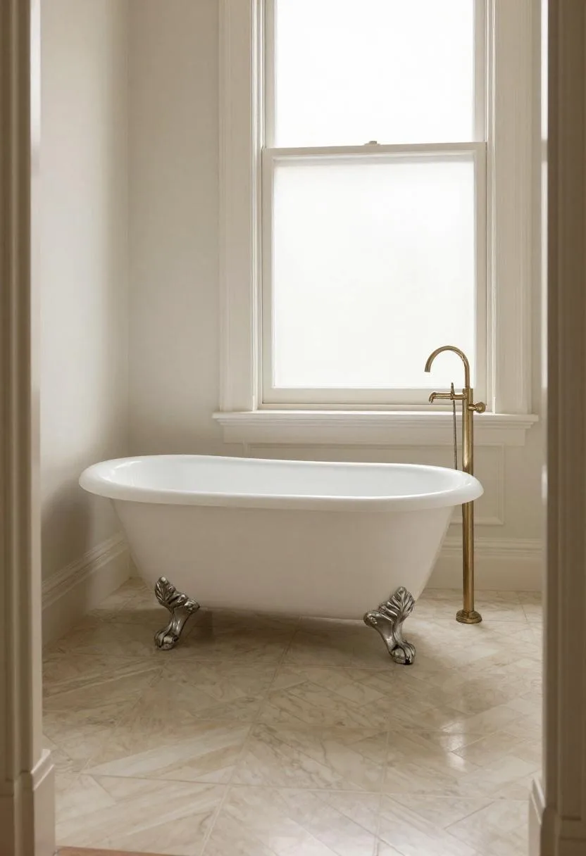 Art deco powder room with cream herringbone marble floors and a white egg-shaped freestanding tub