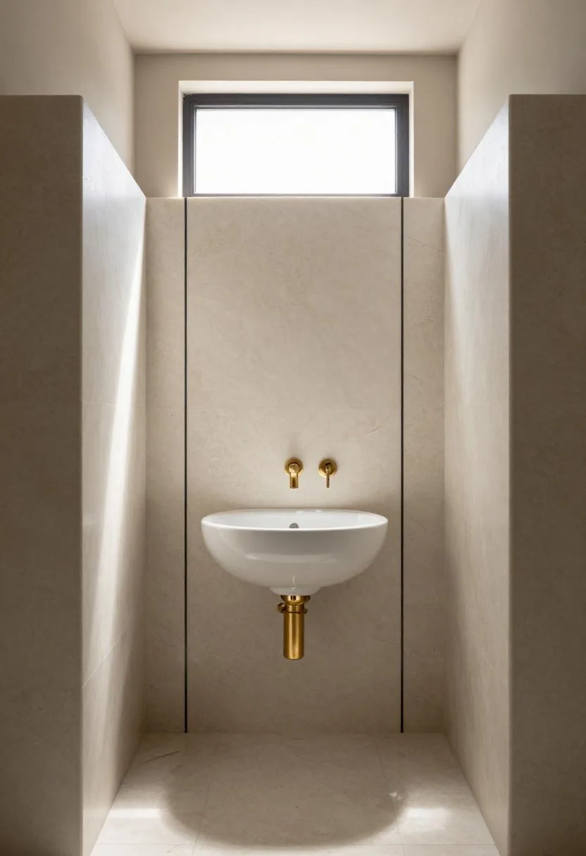 Art deco wet room with travertine panels, black pencil liner trim, and gold gooseneck spout
