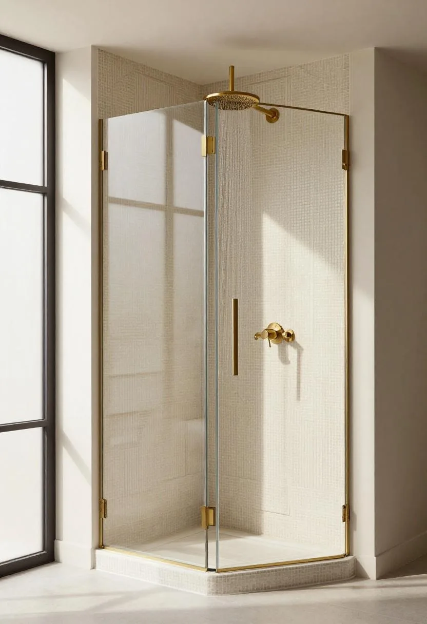Art deco zellige tile walk-in shower with a brass rainfall shower head glowing in warm morning light
