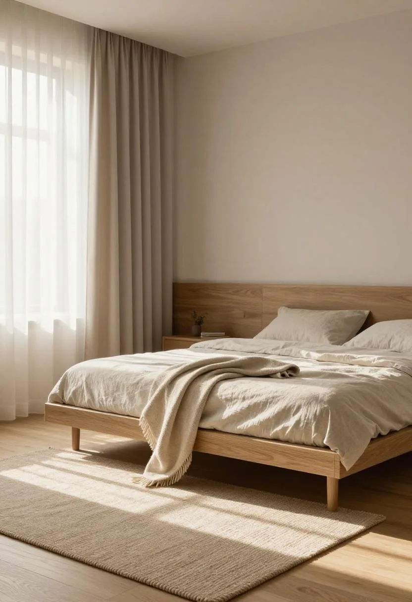 Ash wood platform bed with beige linen bedding and a woven wool rug catching morning sun