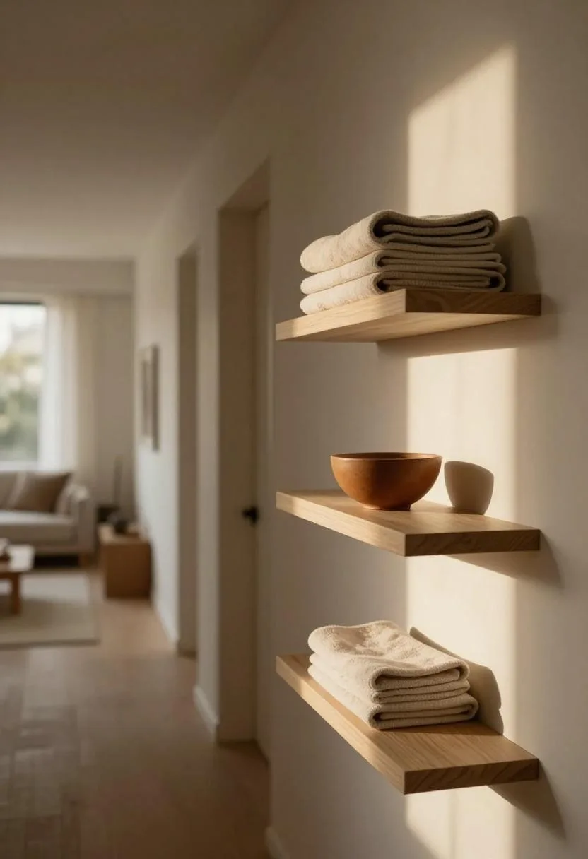 Asymmetric floating oak shelves on one hallway wall keeping the passage clear while adding warm brown storage and display