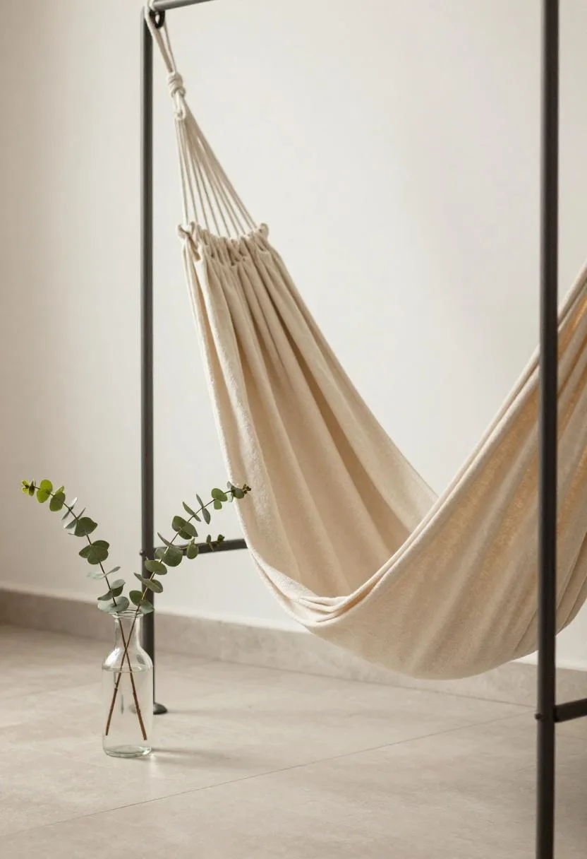 Warm cream cotton hammock on a narrow balcony with a glass eucalyptus vase on the tile below