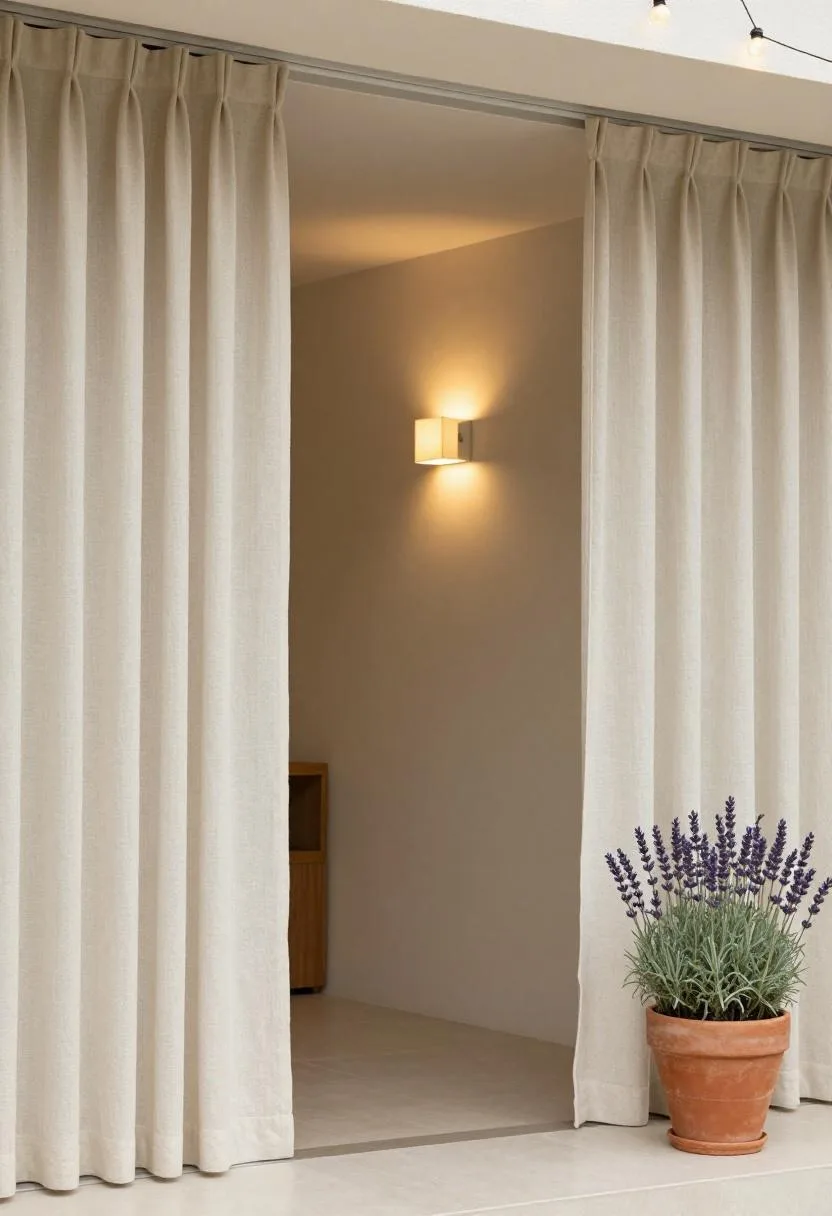 Balcony entry with cream linen curtain panels and a lavender pot at dusk glowing under warm string lights