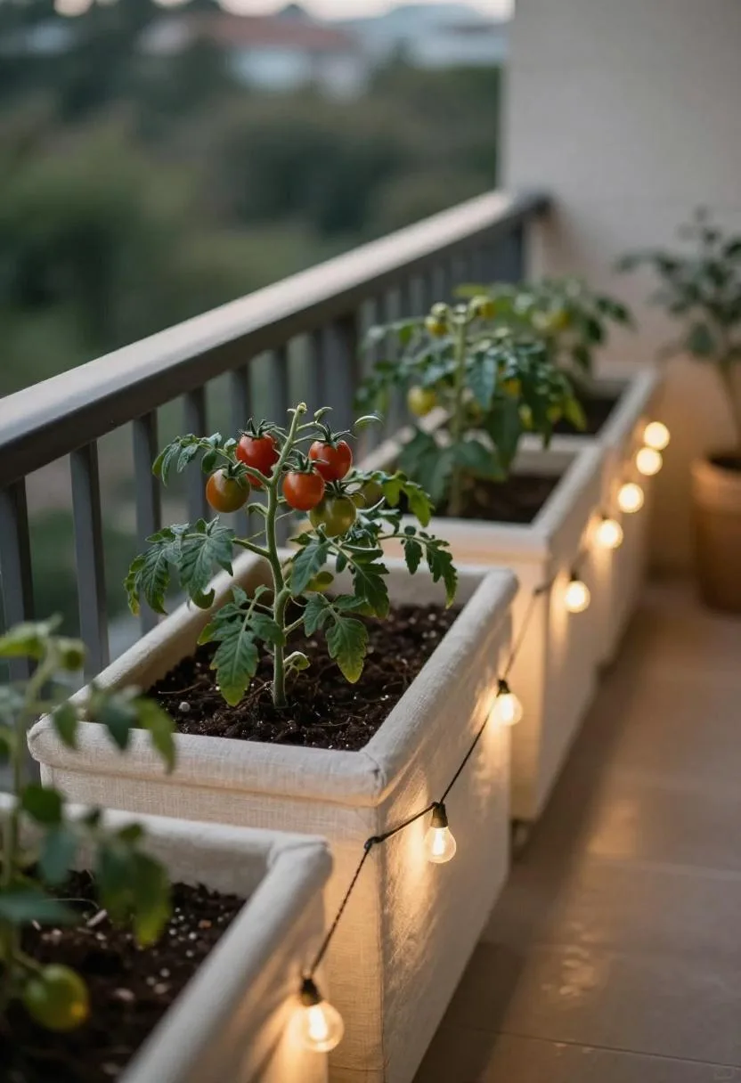 Balcony railing planter with cherry tomatoes glowing under warm string lights at dusk