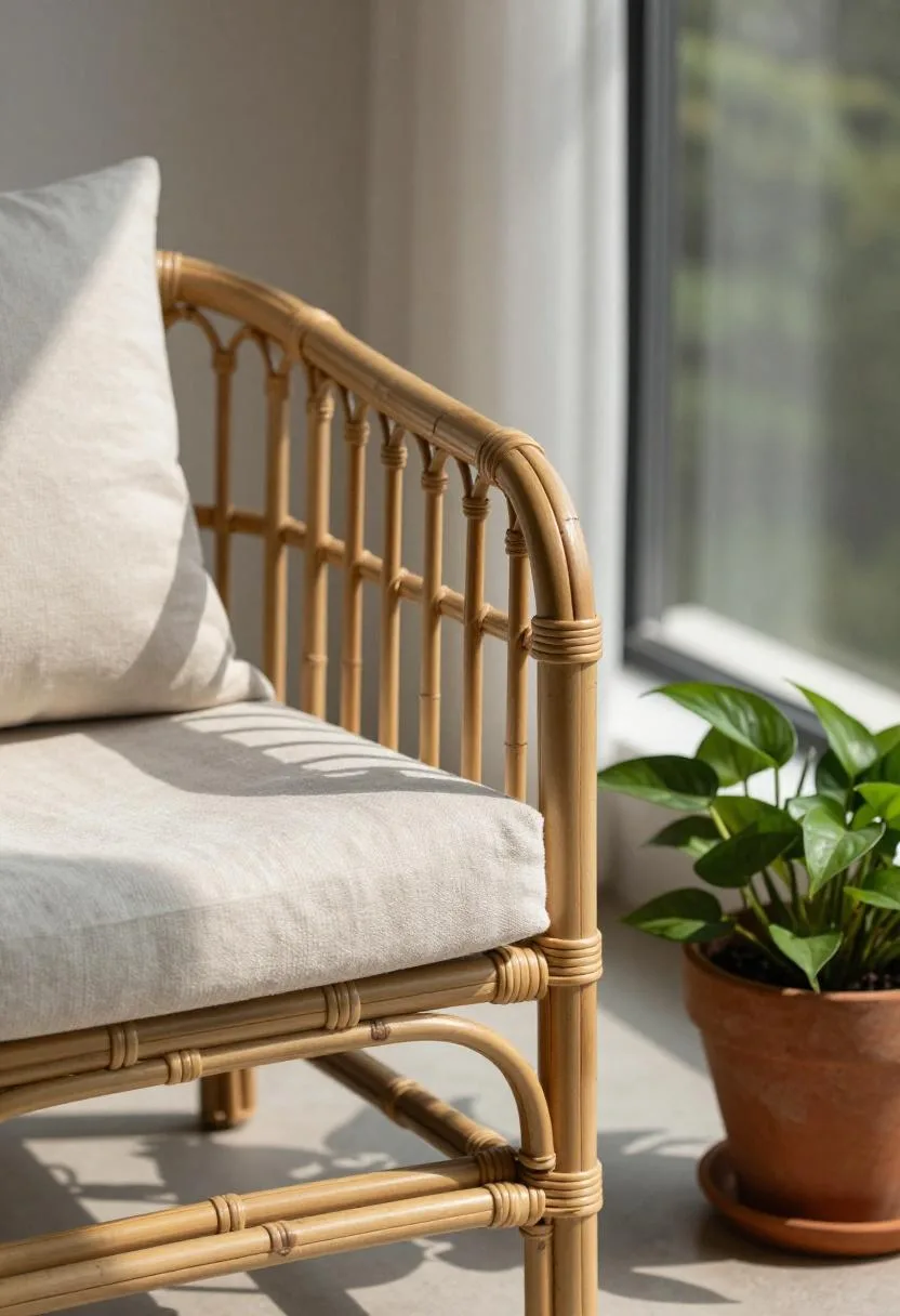 Bamboo balcony pergola with sand-cushioned rattan chair and pothos planter in soft morning light