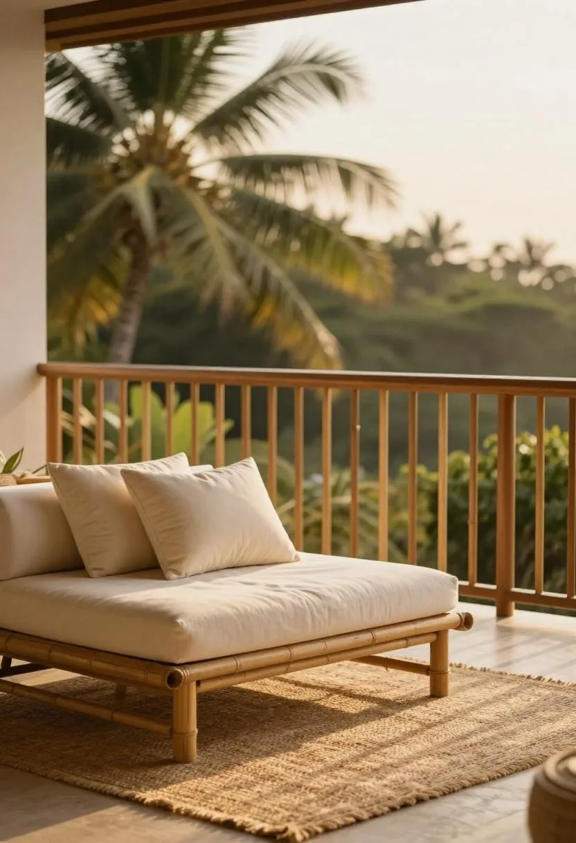 Bamboo daybed with cream bolster pillow glowing in golden hour light on a tropical coastal balcony