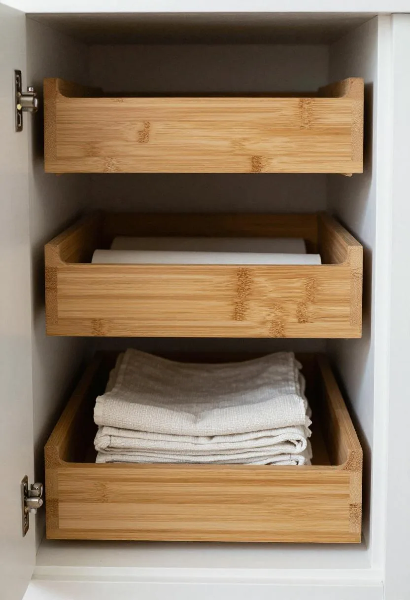 Bamboo drawer dividers inside a lower pantry cabinet organizing baking supplies and kitchen linens into neat sections