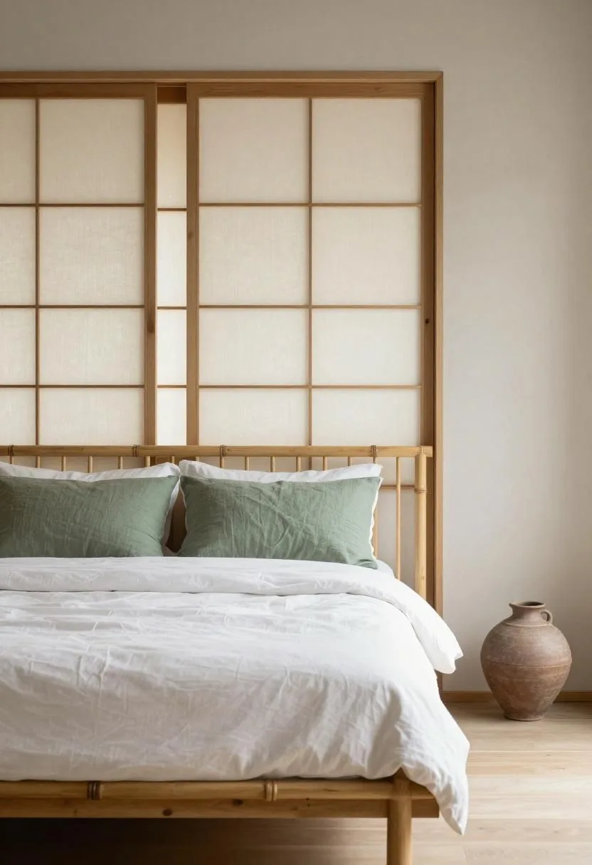Bamboo frame bed with sage green linen pillows and shoji screen filtering afternoon light