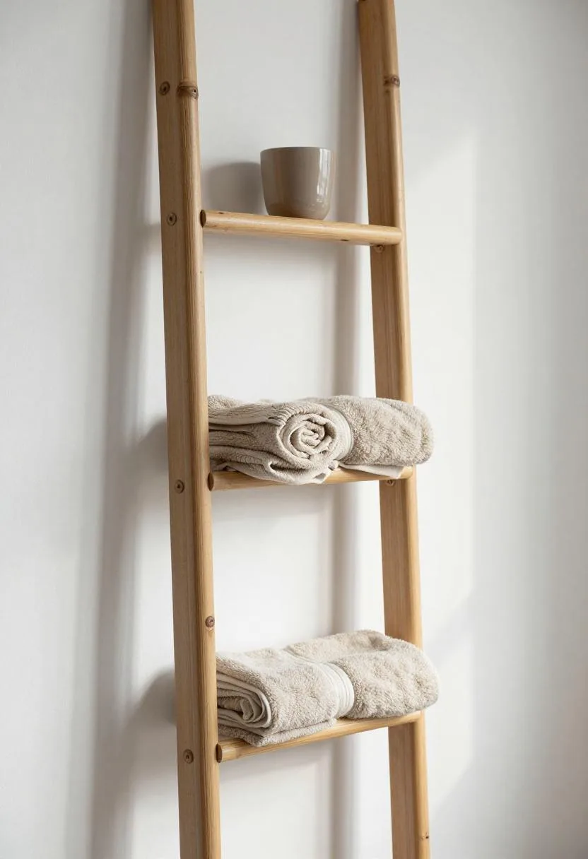 Bamboo ladder shelf against a white plaster wall with neatly rolled cotton towels and a single ceramic cup