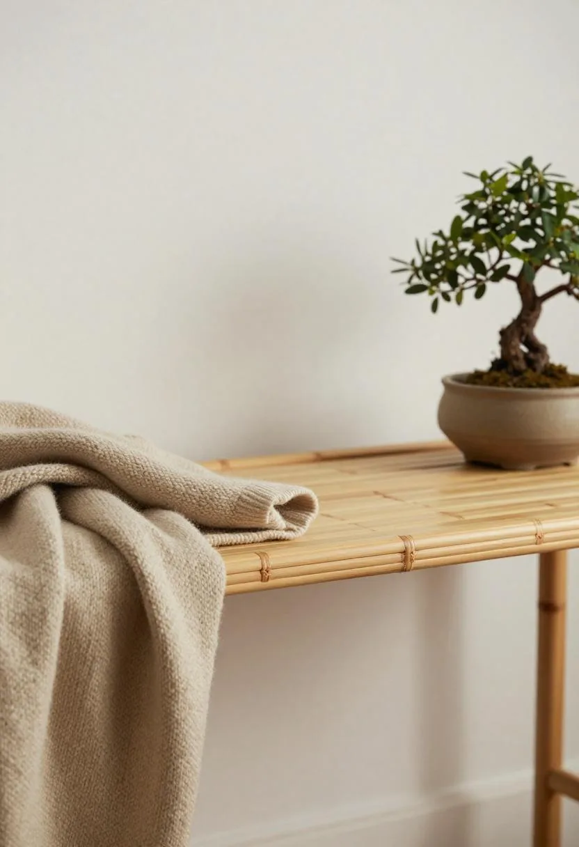Bamboo media console with a beige wool blanket and a clay-potted bonsai on each end