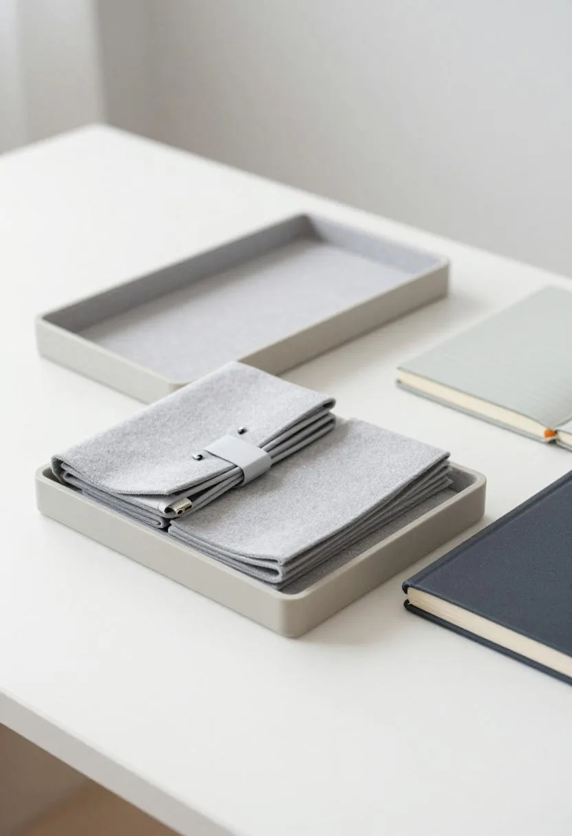 Bamboo monitor riser with light gray felt storage trays beneath organizing cables and a notebook
