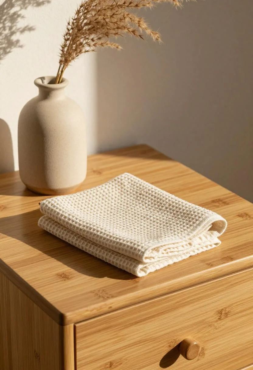 Bamboo nightstand styled with a sandy-beige ceramic vase and dried pampas grass in soft morning light