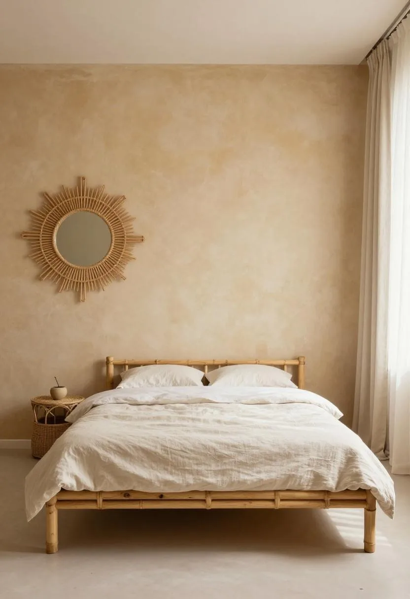 Bamboo-slatted bed with undyed linen in front of a golden tan venetian plaster wall and rattan mirror in a natural bohemian bedroom