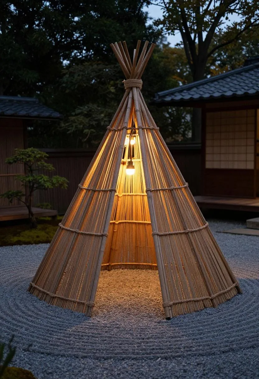 Bamboo teepee with jute bindings glowing from within at dusk in a raked gravel zen garden