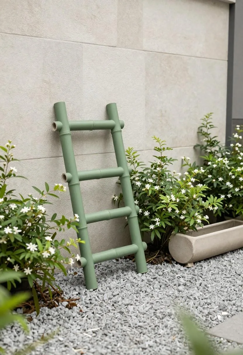 Sage green bamboo trellis with climbing jasmine leaning against a stone garden wall in a gravel patio corner