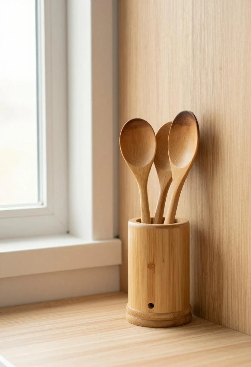Bamboo utensil holder with wooden spoons and cooking tools against a warm oak kitchen backsplash