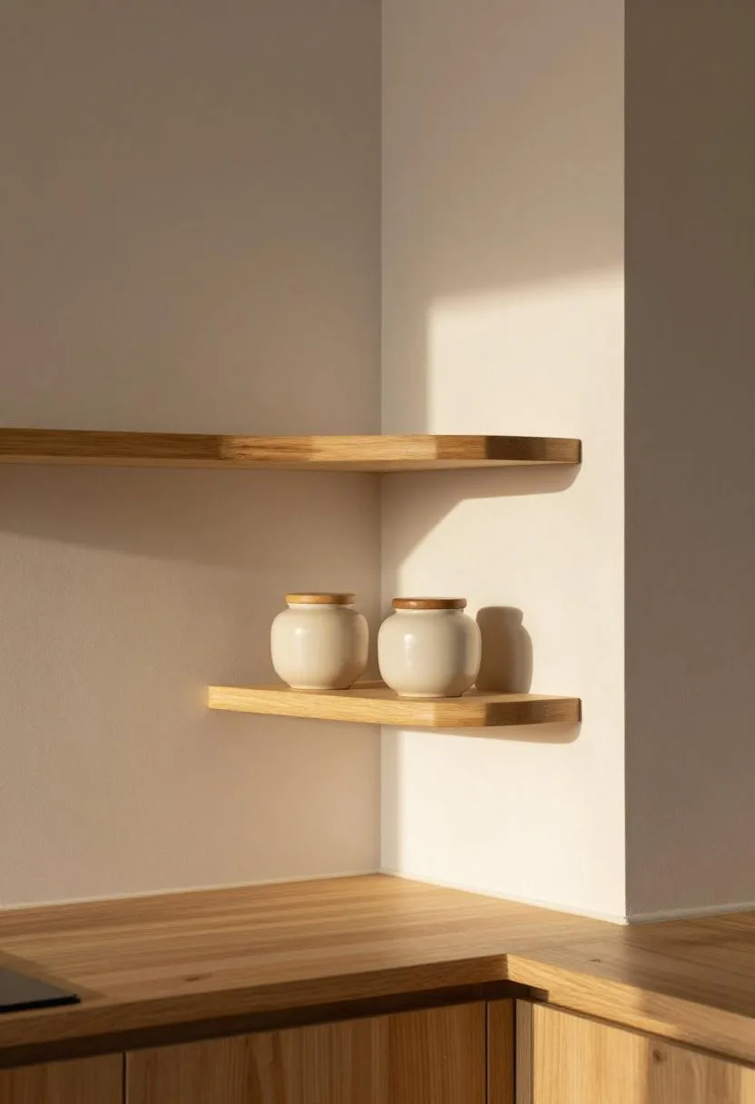 Bamboo wall shelf displaying cream ceramic jars with wooden lids in warm morning kitchen light