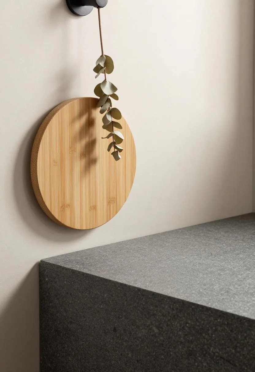 Dark basalt stone shower floor with a bamboo bath mat outside the threshold and dried eucalyptus hanging nearby