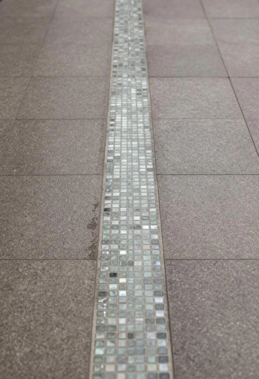 Wet room floor detail showing basalt tiles meeting a glass mosaic linear drain channel