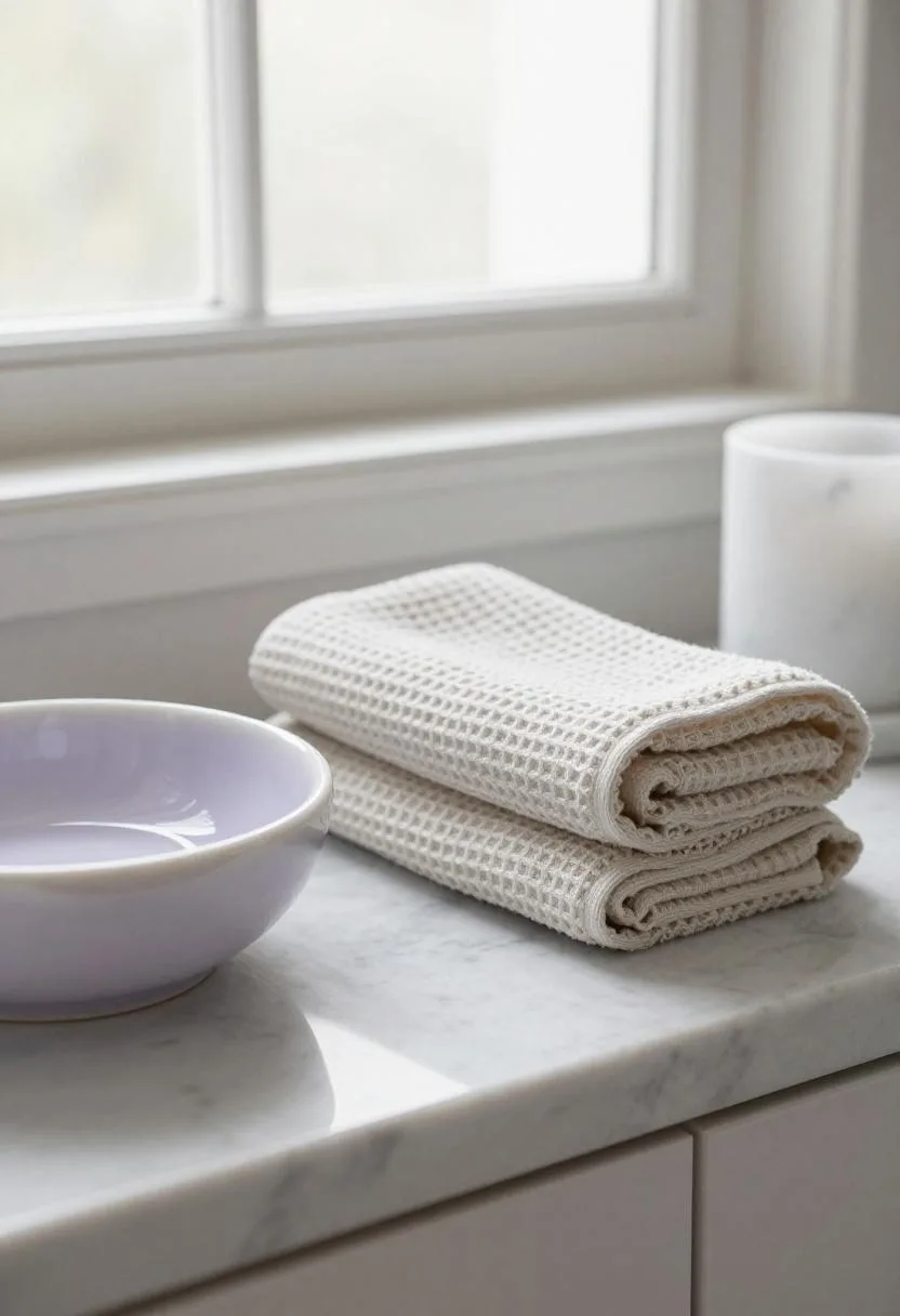 Bathroom shelf with lavender ceramic soap dish, folded linen towel, and white marble candle holder
