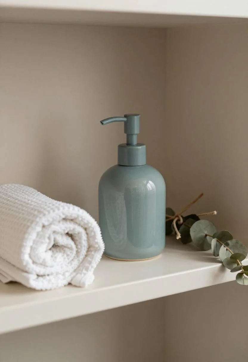 Bathroom shelf with muted teal ceramic soap pump, rolled cotton towels, and fresh eucalyptus bundle