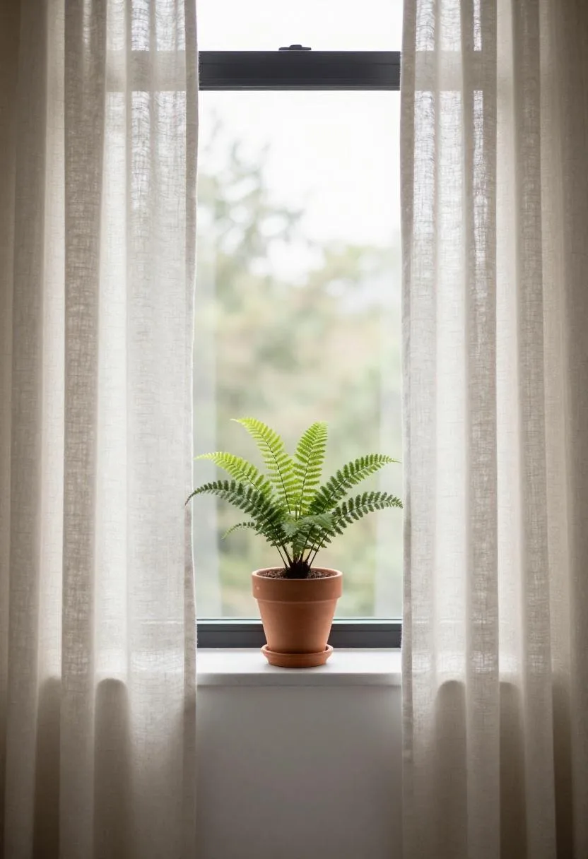 Narrow bathroom window sill with a small potted fern in a matte ceramic pot and sheer linen curtains filtering soft morning light