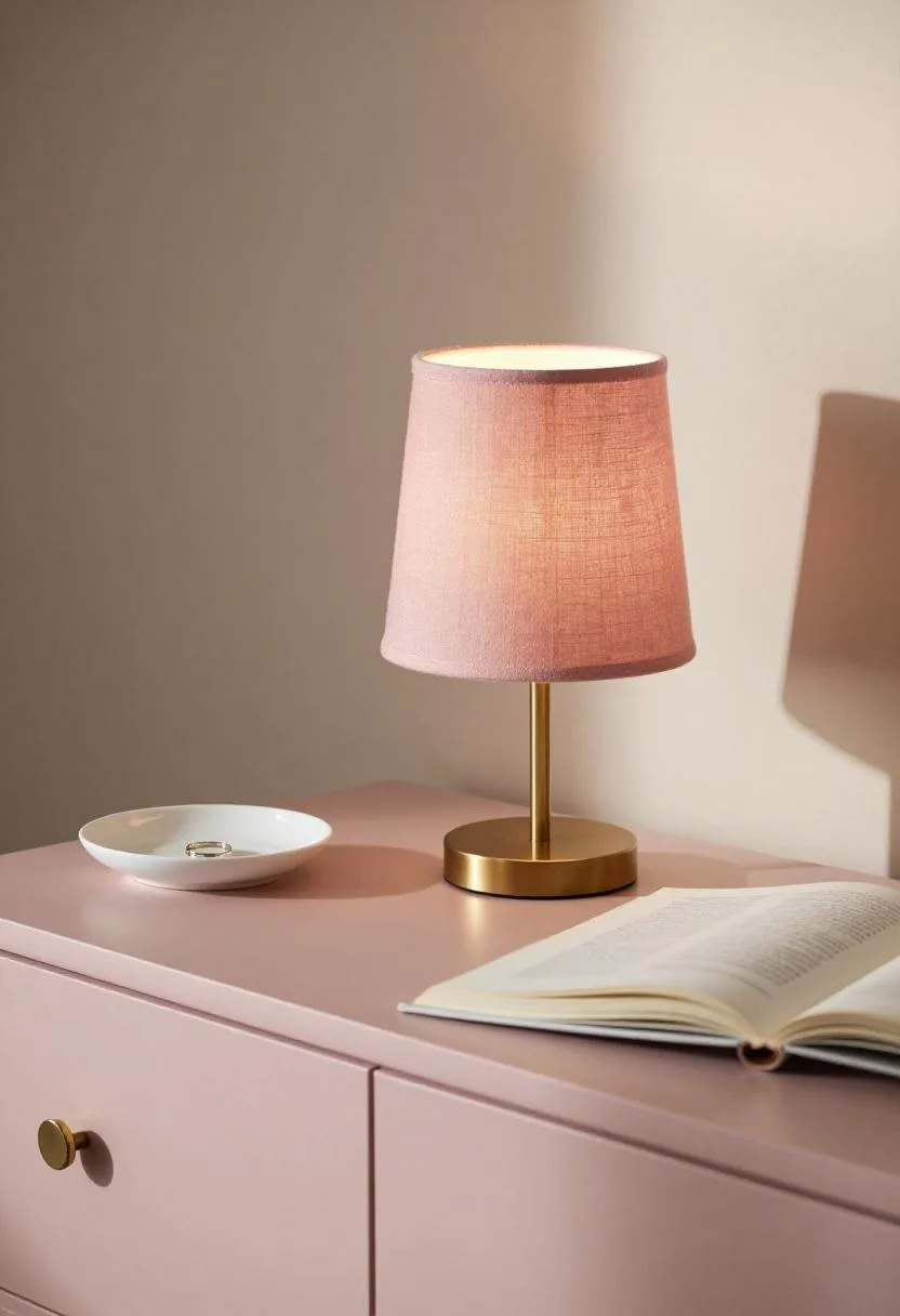 Bedroom nightstand with blush linen lamp shade, white ceramic ring tray, and open paperback book in golden evening light