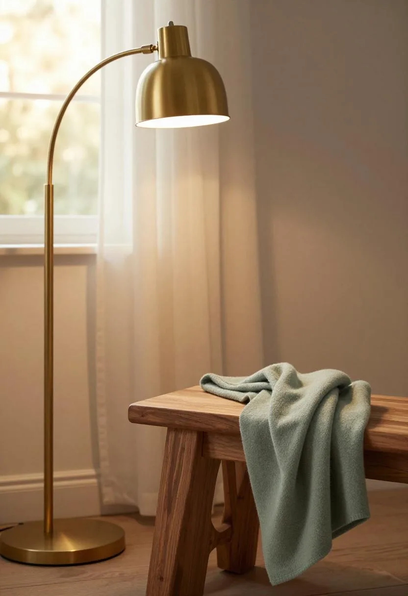 Bedroom reading nook with brushed brass arc lamp and sage wool throw over a walnut stool