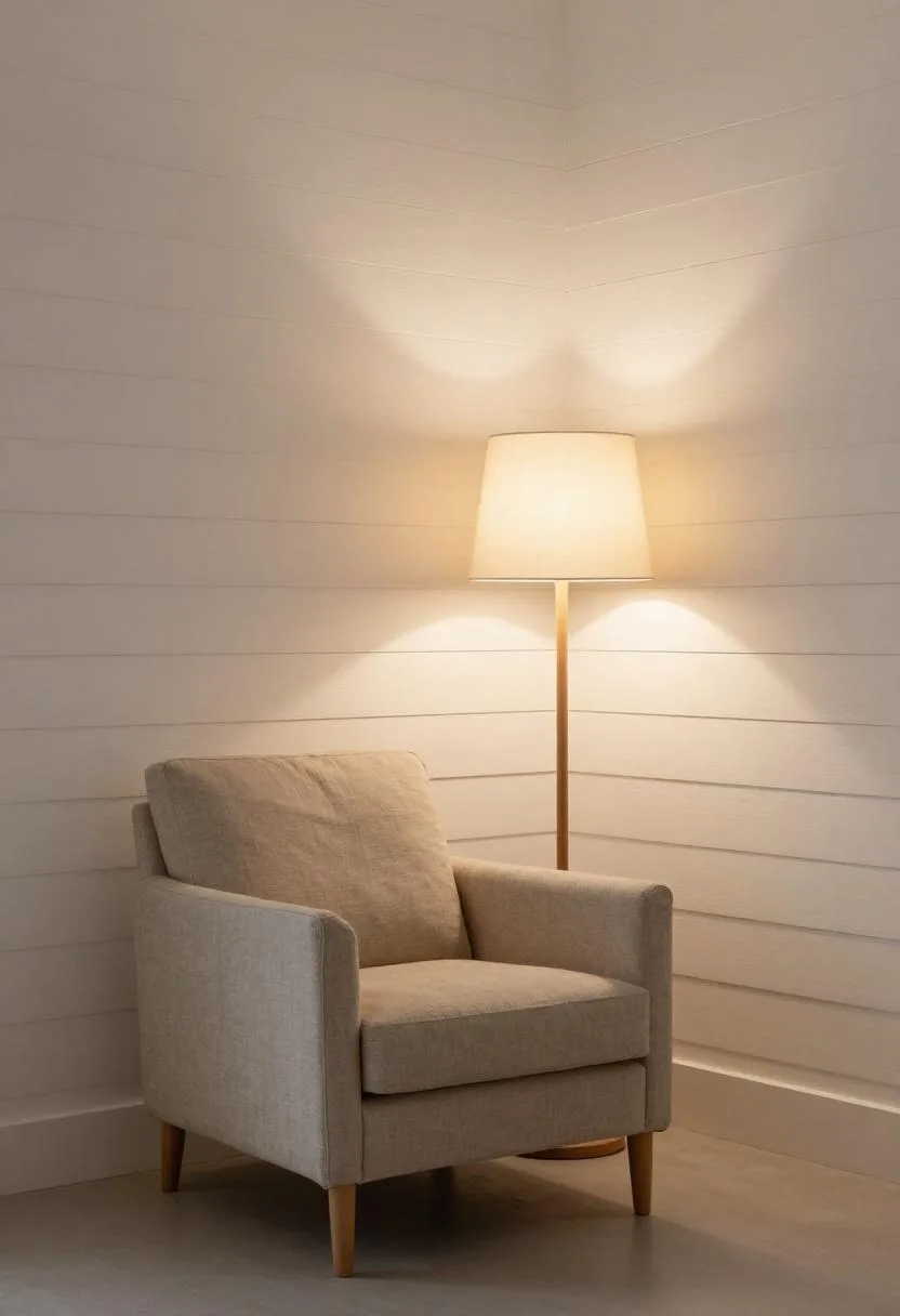 Warm beige linen armchair beside an ash wood floor lamp casting directional light in evening