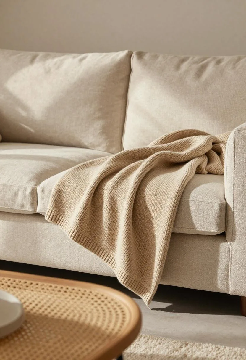 Beige linen sofa with a chunky oat knit throw and rattan coffee table in afternoon light