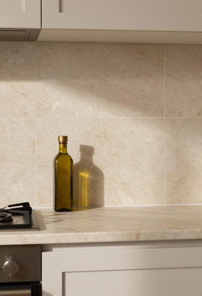 Warm beige travertine backsplash above marble counter with brass olive oil decanter in a neutral kitchen
