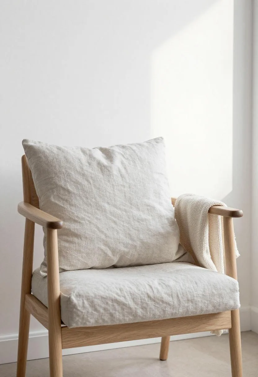 Birch armchair with linen cushion and cotton throw against a white wall