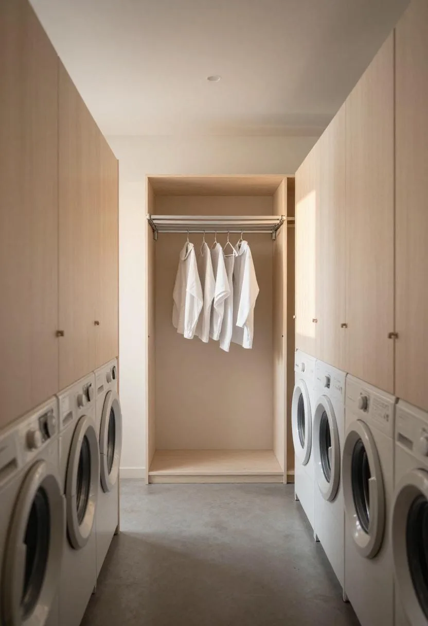 Birch cabinet laundry room with wall-mounted steel drying rack and concrete floor