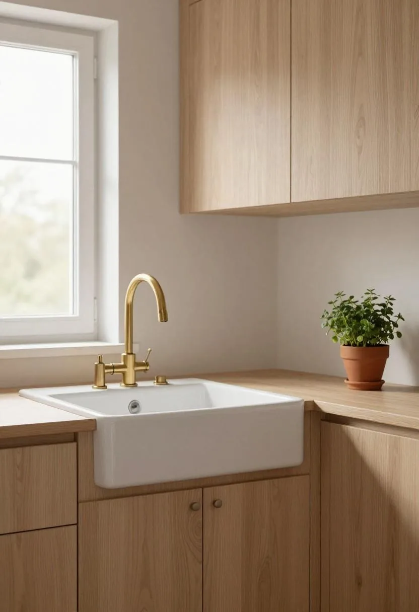 Light birch farmhouse kitchen sink with unlacquered brass tap and small terracotta herb pot in morning window light