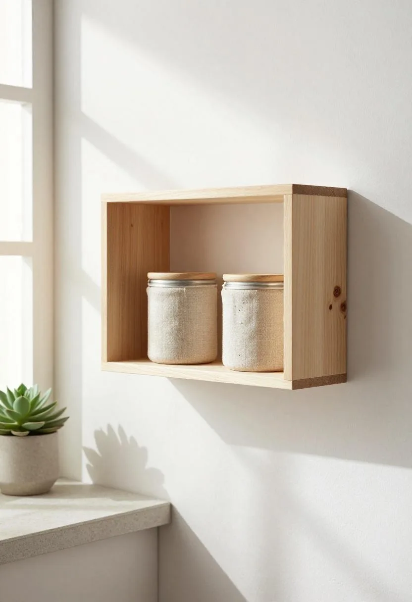 Light birch open shelf with linen-wrapped jars and a small succulent over a pale stone kitchen counter