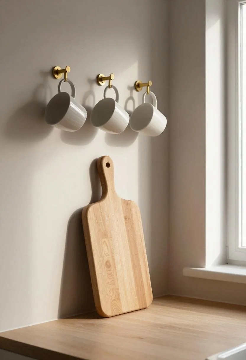Birch pegboard with ceramic mugs hanging on brass hooks in a Scandinavian kitchen coffee nook
