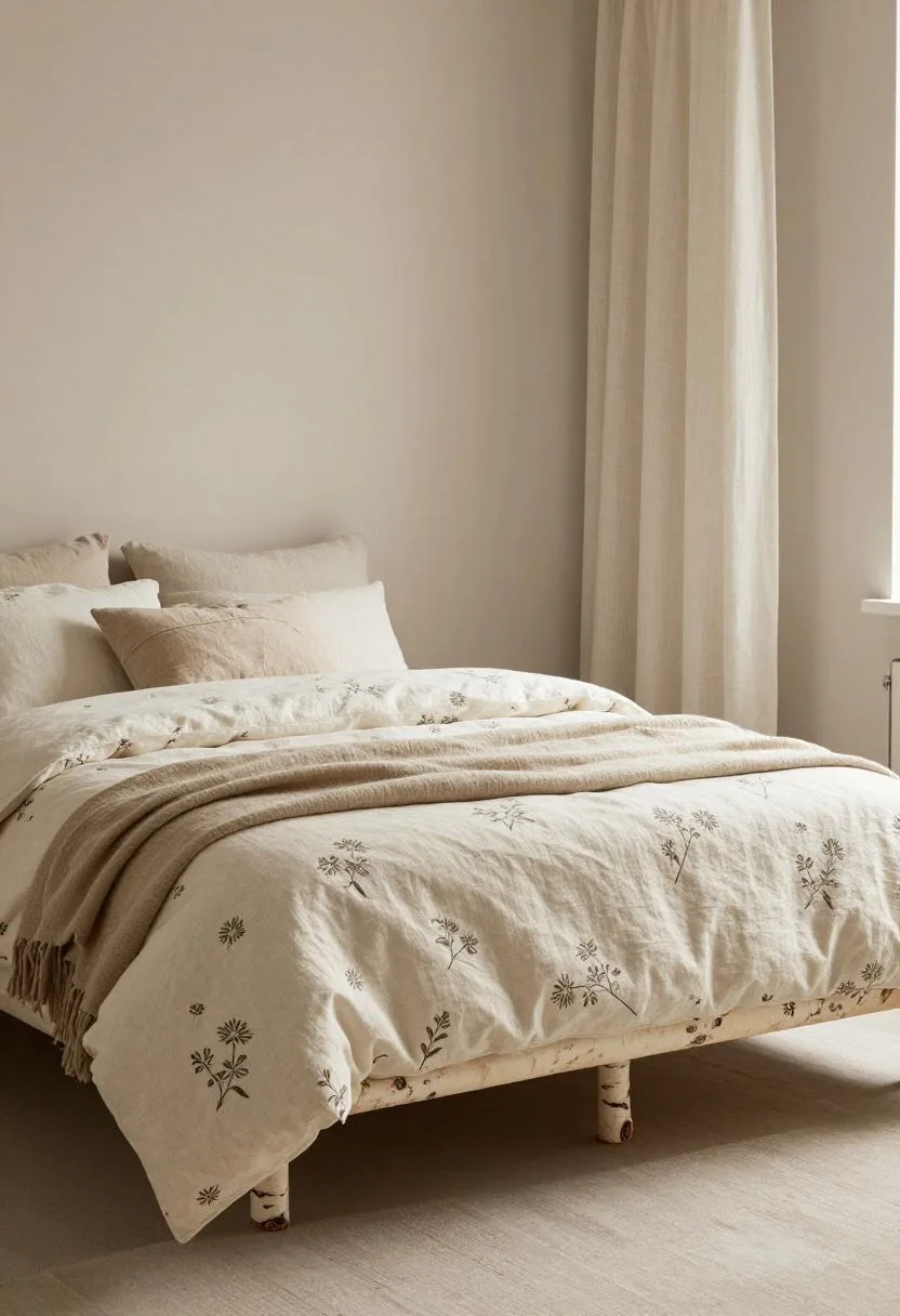 Birch platform bed with floral linen duvet and oatmeal wool throw draped at the foot in soft daylight