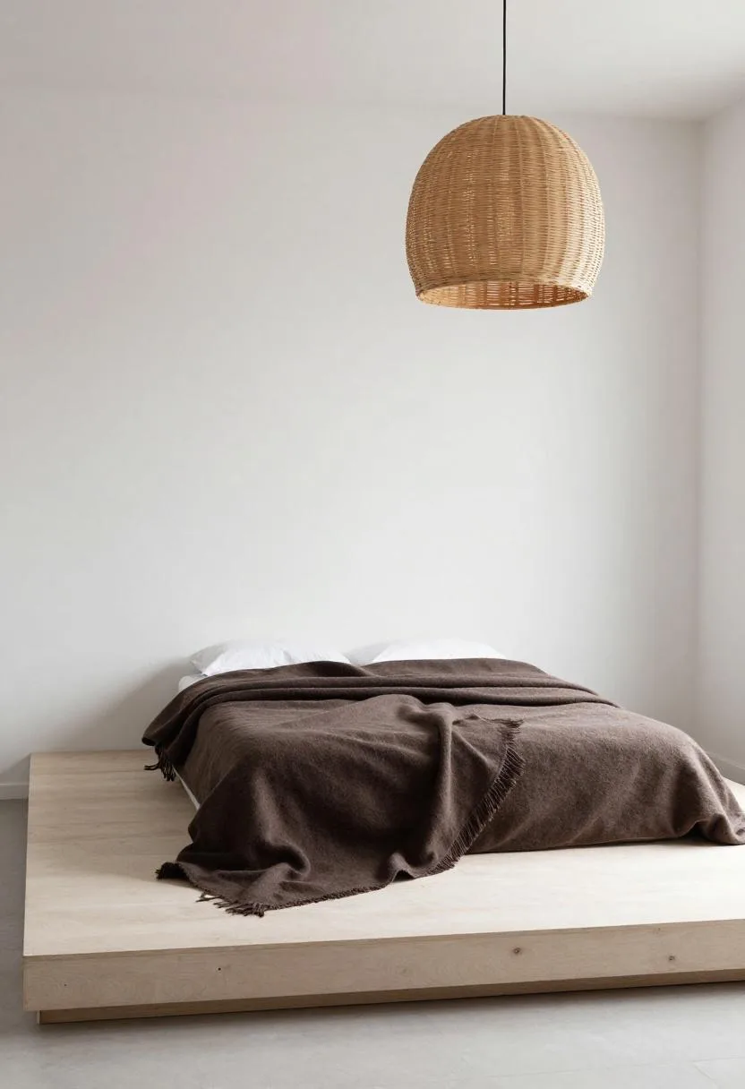 Birch platform bed with dark brown merino throw in Scandinavian morning light