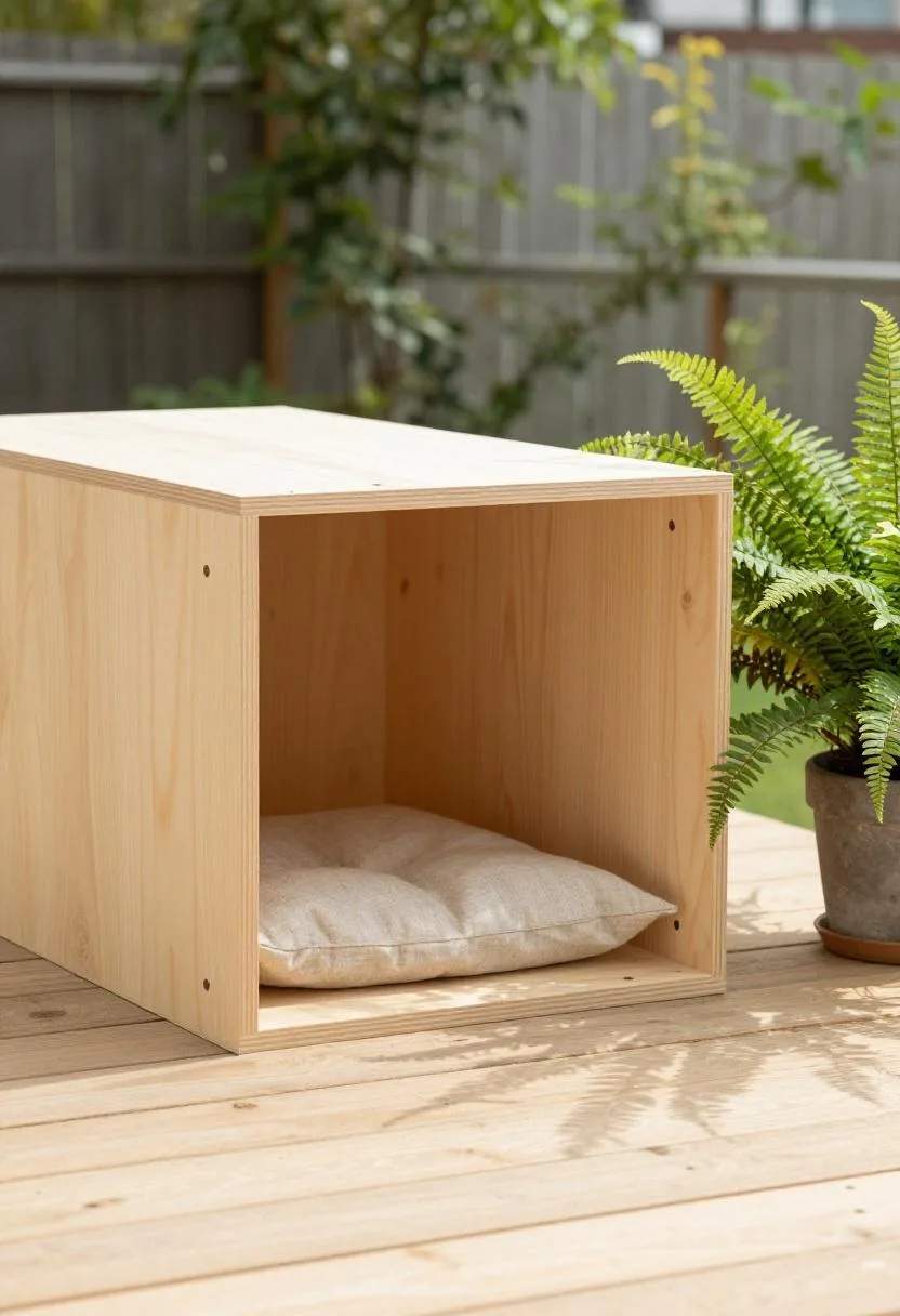 Low birch plywood reading cubby with linen cushion tucked into a shaded timber deck corner