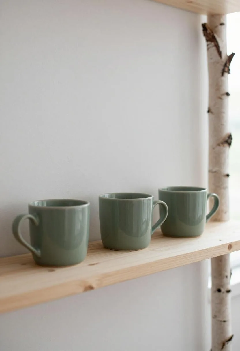 Birch open kitchen shelf with muted sage ceramic mugs lined up against a white plaster wall