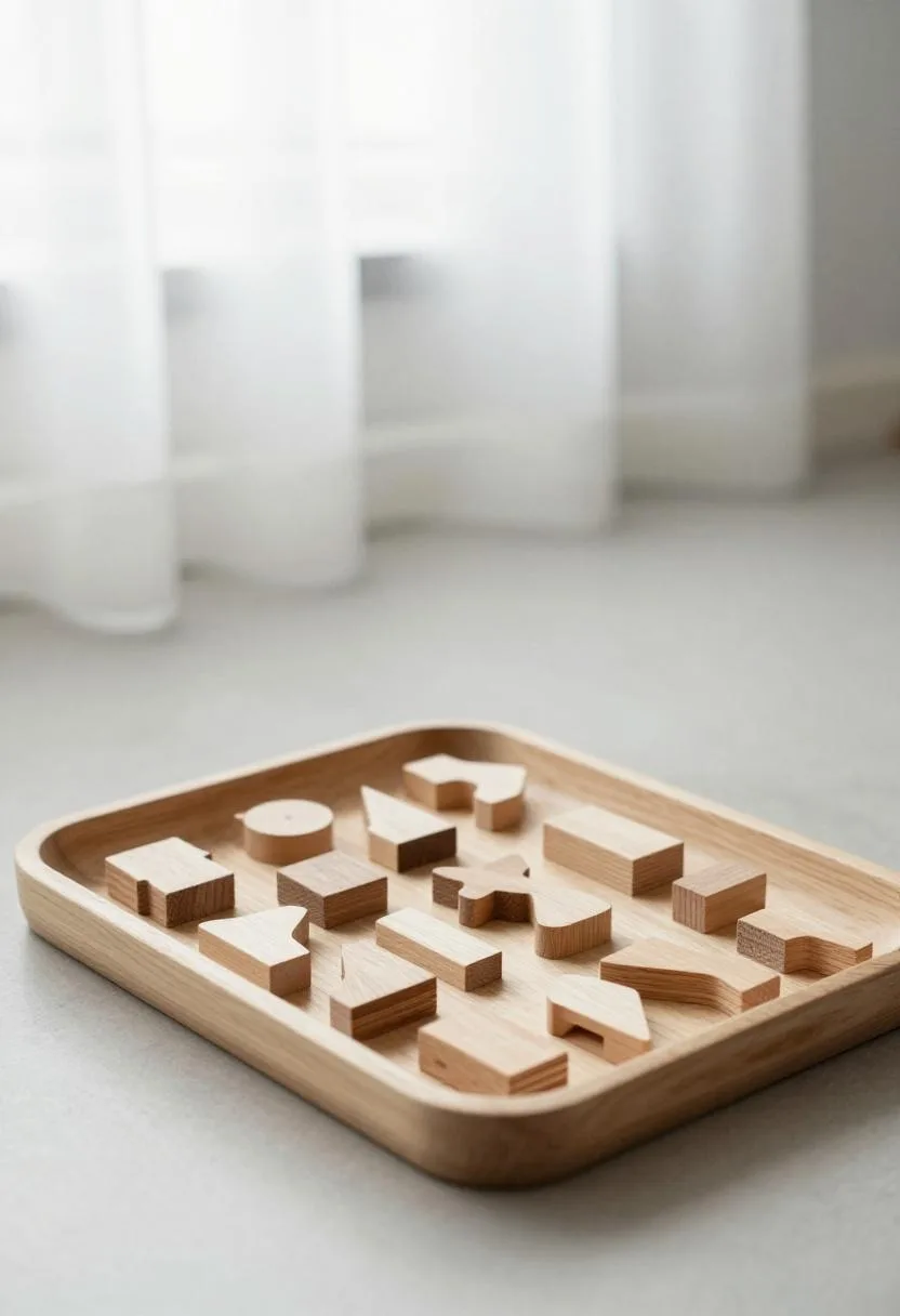 Overhead birch tray with wooden building blocks sorted by shape on a playroom floor