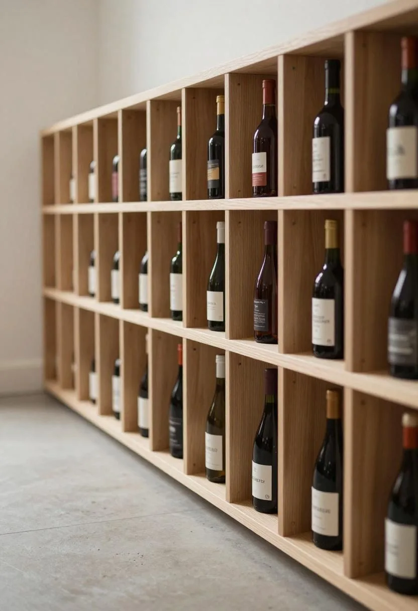 Pale birch wine rack built floor-to-ceiling beneath stairs with horizontal bottle slots following the stair angle