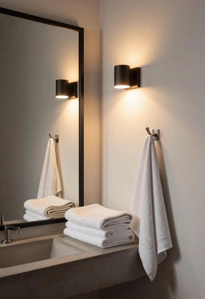 Black-framed mirror above concrete vanity reflecting warm white sconce light