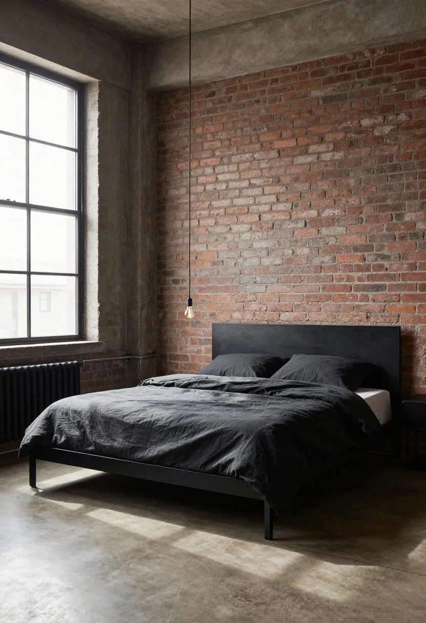 Interior design - black iron bed exposed brick edison pendant