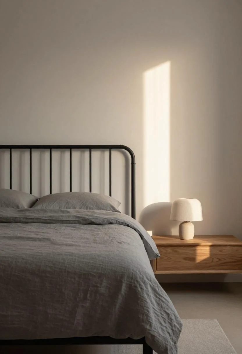 Black iron bed frame with gray linen duvet and a ceramic lamp sitting on a walnut shelf