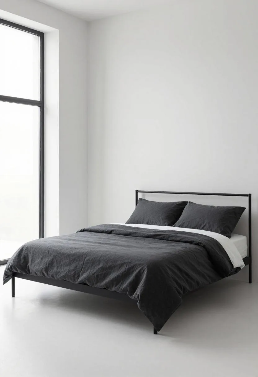 Black iron platform bed with charcoal bedding in a crisp minimalist white room