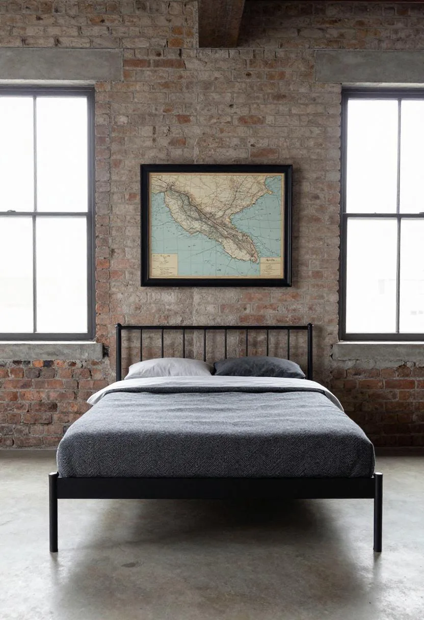 Black steel bed with herringbone wool blanket and framed vintage map above on exposed brick wall