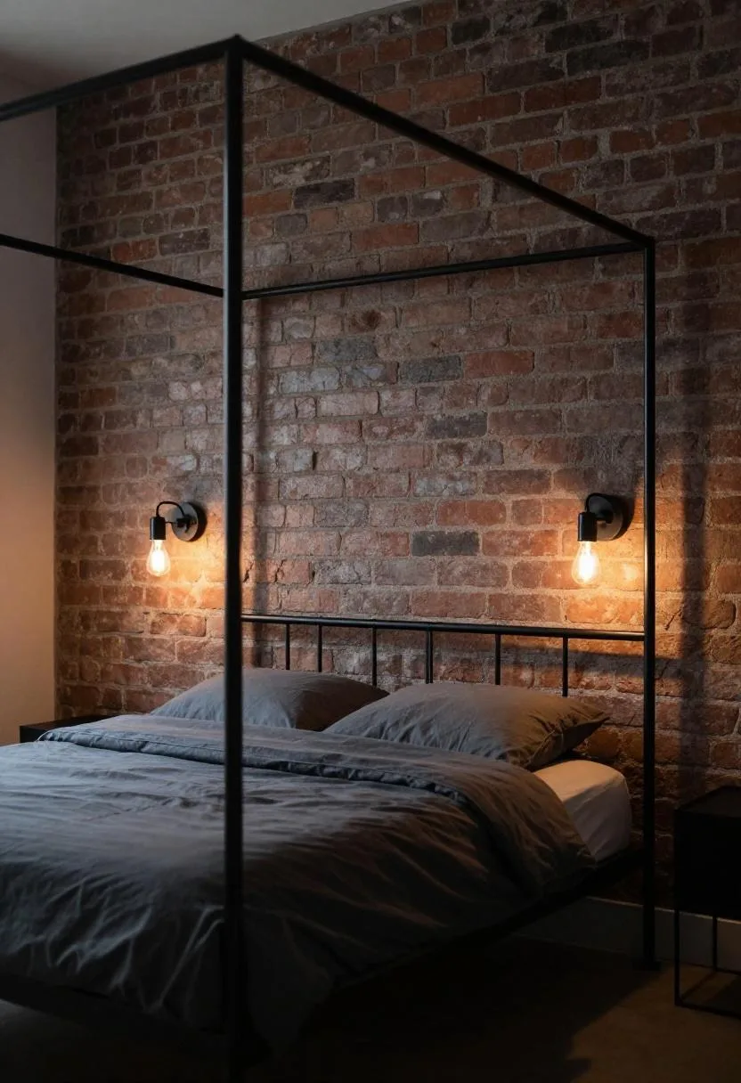 Black steel bed with iron wall sconce casting warm light against dark brick wall in evening